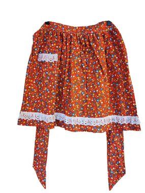 Vintage Handmade Half Apron red flowers Lace trim Pockets